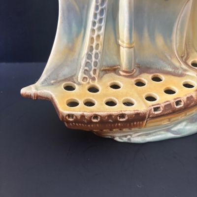 LOT 87: Vintage Czechoslovakian Ceramic Sailing Ship Flower Frog Vase