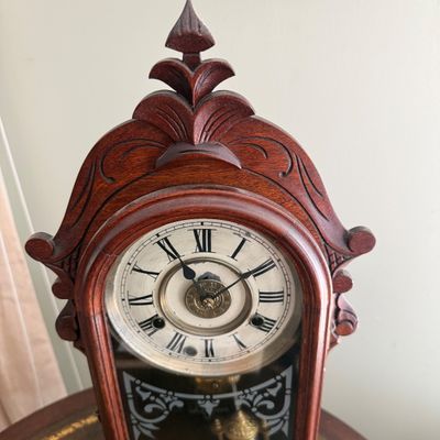 Lot 169: Antique Wooden Parlor Mantel Clock with Keys and Pendulum
