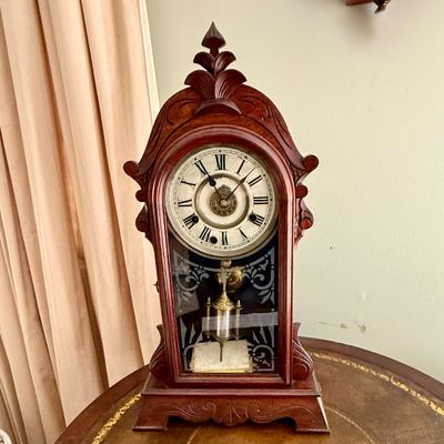 Lot 169: Antique Wooden Parlor Mantel Clock with Keys and Pendulum