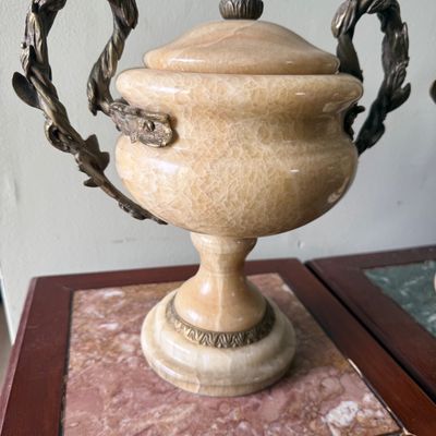 LOT 168" Set of 2 Alabaster/Onyx Faux Urns with Metal Handles
