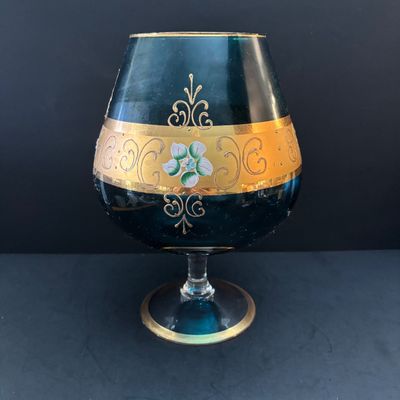 LOT 122: Vintage Blueish Over-Sized Brandy Snifter w/Gilded Accents & Hand Painted Details
