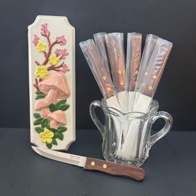 LOT 91: Vintage Lane & Co. Ceramic Lazy Susan, Super Chef Knife Set, MCM Teak Cheese Board