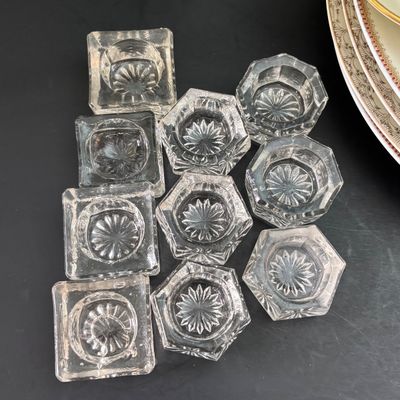 LOT 118: Large Collection of Salt Cellars, Nippon, Anchor Hocking Starlyte Cruet Set, Fifth Avenue Crystal Glass Covered Butter Dish w/...