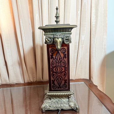 LOT 175: Hollywood Regency Style Metal and Glass Table Lamp with Cast Metal Ram's Head
