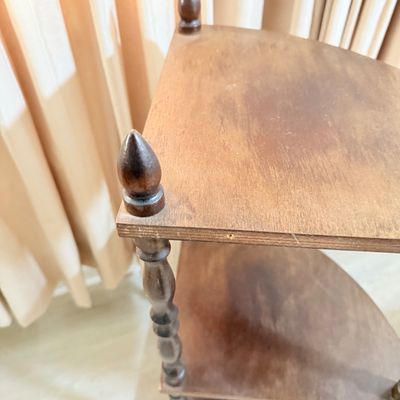 172: Vintage Wooden Corner Shelf, Bookcase, and Upholstered Footstool Set