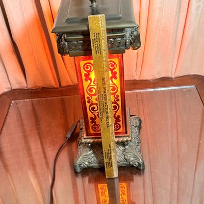 LOT 175: Hollywood Regency Style Metal and Glass Table Lamp with Cast Metal Ram's Head