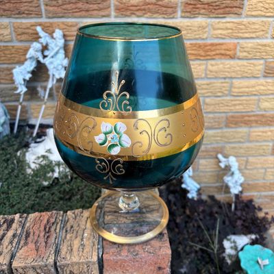 LOT 122: Vintage Blueish Over-Sized Brandy Snifter w/Gilded Accents & Hand Painted Details