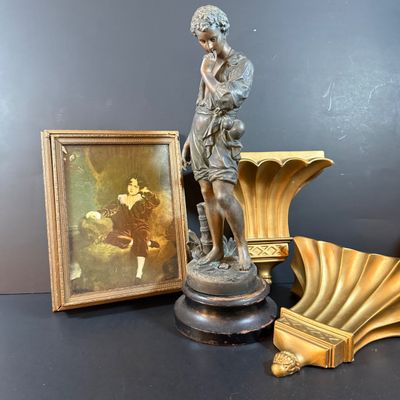 LOT 188: Bronze /Metal Statue of a Boy, Framed Victorian Boy Trinket Box and 2 Wall Sconces