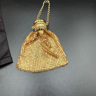LOT 253: Antique Whiting and Davis Goldtone Metal Mesh Ring Purse, Antique Black Satin Opera Gloves and Embroidered Handkerchiefs