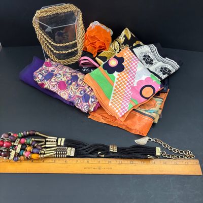 LOT 110: Vintage Scarves, Gold Tone Chain Necklace (1 is Monet), Vibrant Muti Colored Belt