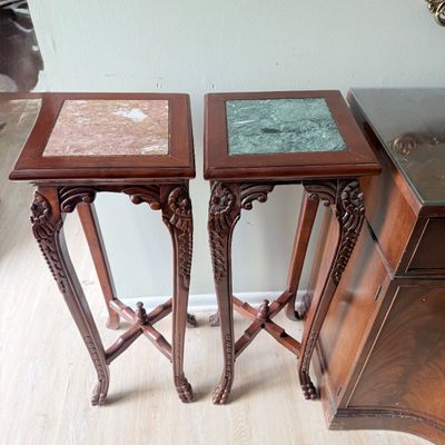LOT 167: Set of 2 Marble Top Wood Plant Stands