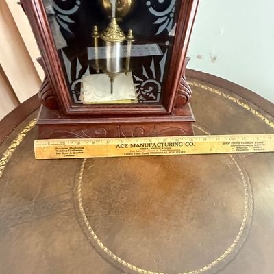 Lot 169: Antique Wooden Parlor Mantel Clock with Keys and Pendulum