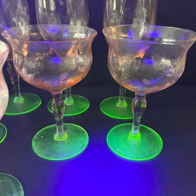 LOT 105: Vintage Pink "Watermelon" & Uranium Depression Stemware