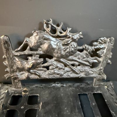 LOT 250: Antique Cast Iron Desk Stand with Hunting Scene and Glass Inkwells and Letter Openers