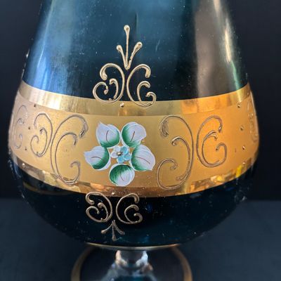 LOT 122: Vintage Blueish Over-Sized Brandy Snifter w/Gilded Accents & Hand Painted Details