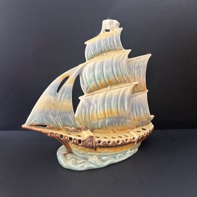 LOT 87: Vintage Czechoslovakian Ceramic Sailing Ship Flower Frog Vase