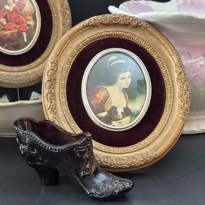 LOT 117: Vintage A. Cameo Creations Lady Hamilton & Master Lambton, Amethyst Glass Shoe, Vintage Jardiniere & More