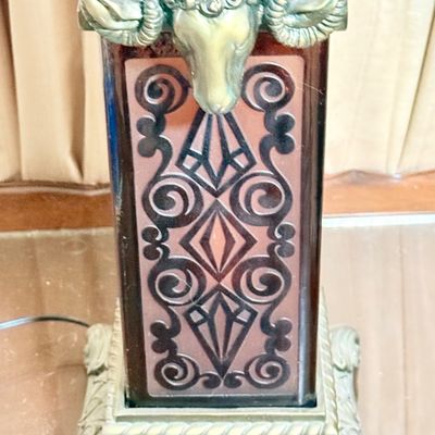 LOT 175: Hollywood Regency Style Metal and Glass Table Lamp with Cast Metal Ram's Head