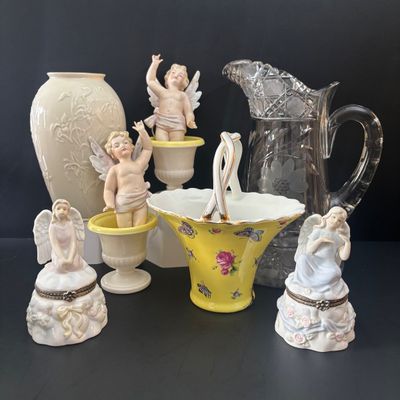 LOT 93: Antique Reflection by I. Godinger & Co. Porcelain Butterfly Basket, Lenox Masterpiece Collection Vase, Pedestal Urn Vases,...