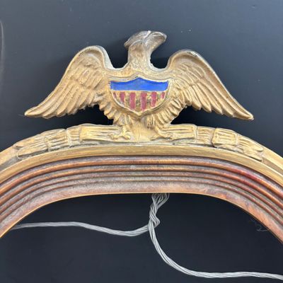 LOT 109: Vintage Federal Style Oval Picture Frame-NO Glass, Resin Brass-Tone Eagle Statue signed PDU & Anchor Hocking Candy Dish