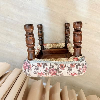 172: Vintage Wooden Corner Shelf, Bookcase, and Upholstered Footstool Set