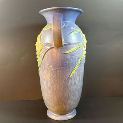 LOT 187: Large Vintage Roseville Blue Freesia Pattern Vase with Handles/Urn