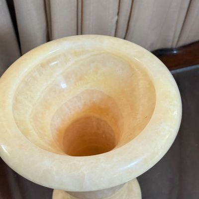 LOT 173: Vintage Carved Onyx Vase with Metal Koi Handles