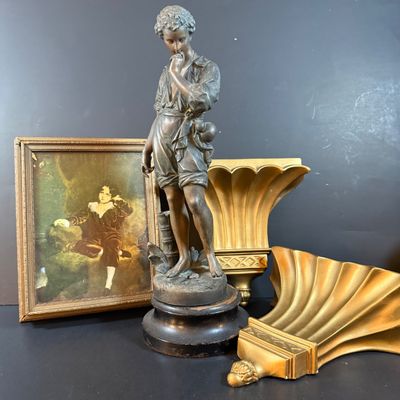 LOT 188: Bronze /Metal Statue of a Boy, Framed Victorian Boy Trinket Box and 2 Wall Sconces