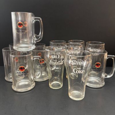LOT 124: Bacardi Rum Oakheart Logo Mugs/Steins & Coca-Cola Glasses