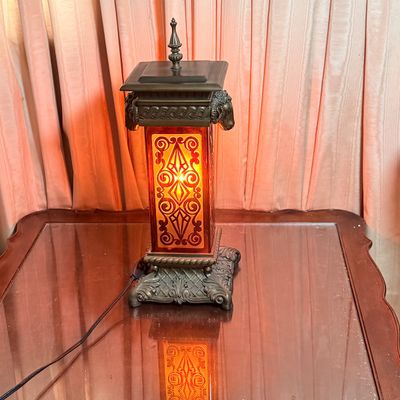 LOT 175: Hollywood Regency Style Metal and Glass Table Lamp with Cast Metal Ram's Head