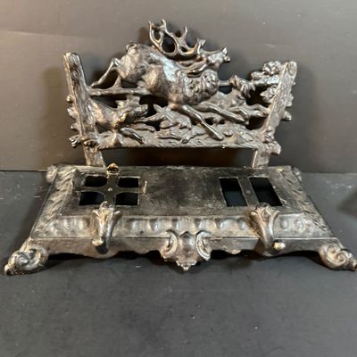 LOT 250: Antique Cast Iron Desk Stand with Hunting Scene and Glass Inkwells and Letter Openers