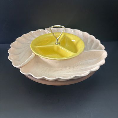 LOT 91: Vintage Lane & Co. Ceramic Lazy Susan, Super Chef Knife Set, MCM Teak Cheese Board