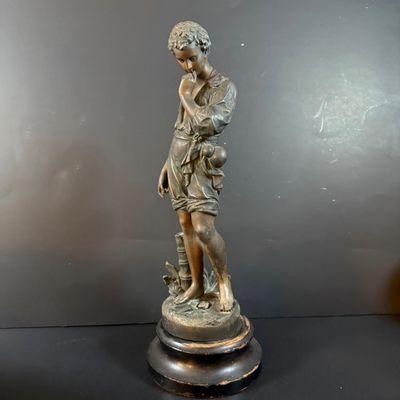 LOT 188: Bronze /Metal Statue of a Boy, Framed Victorian Boy Trinket Box and 2 Wall Sconces