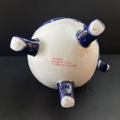 LOT 98: Vintage Bombay & Co. Cobalt Blue & White Footed Coffee Pot, "Grace" Mug, Porcelain Handle Serving Pieces &...
