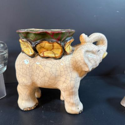 LOT 249: Elephant Collection Including a Planter, Figurines, Glass Trinket Box and a Giraffe Brass Bell