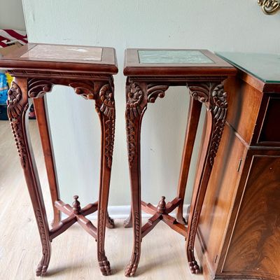 LOT 167: Set of 2 Marble Top Wood Plant Stands