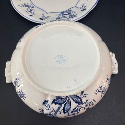 LOT 96: Blue & White Collection: Soup Tureen& Under Plate, Flower Frog, Electric Teapot, Home Accents Vase, Hexagonal Flower...