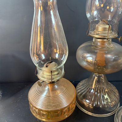 LOT 263: Set of Three Glass Oil Lamps and Vintage Oil Bicycle Lamp