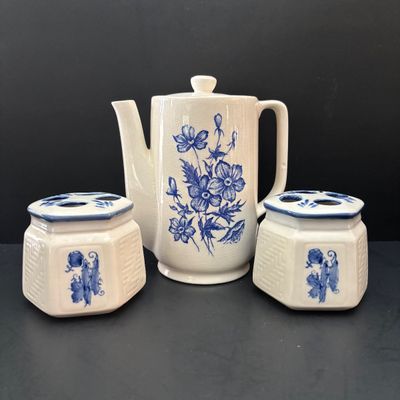 LOT 96: Blue & White Collection: Soup Tureen& Under Plate, Flower Frog, Electric Teapot, Home Accents Vase, Hexagonal Flower...