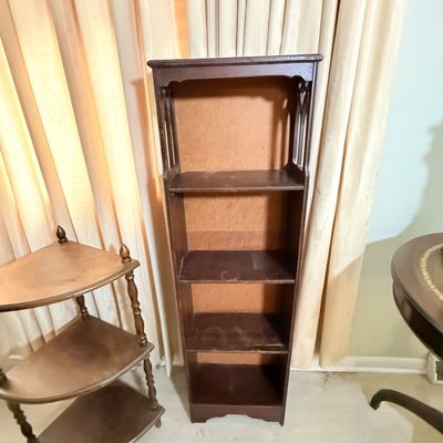 172: Vintage Wooden Corner Shelf, Bookcase, and Upholstered Footstool Set