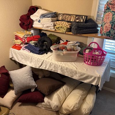 Sale Photo Thumbnail #94: - Table and shelving and table cloths on table are not included.

NO CHERRY PICKING or taking ONLY the items you want and leaving the rest or you will be banned! Please arrive with enough time to load. Bring boxes/any tools to assemble /dolly/people to he
