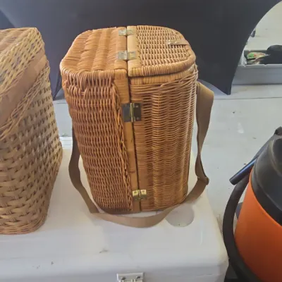 Sale Photo Thumbnail #175: Vintage wicker wine picnic basket with accessories