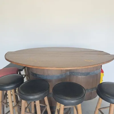 Sale Photo Thumbnail #500: Vintage wine barrel pub table with stools