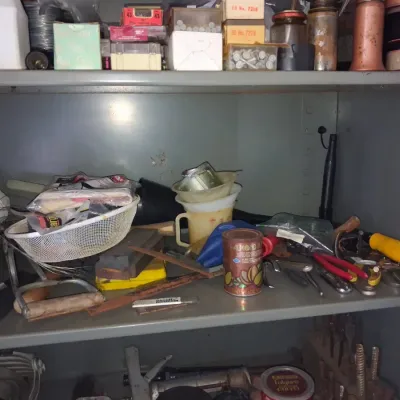 Sale Photo Thumbnail #529: Vintage almond plus can and assorted workshop tools and hardware