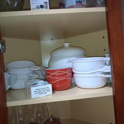 Sale Photo Thumbnail #123: Corelle livingware handled soup bowls and red swirl bowl