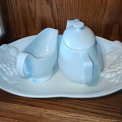 Sale Photo Thumbnail #181: White ceramic embossed fruit gravy boat and sugar bowl set with tray