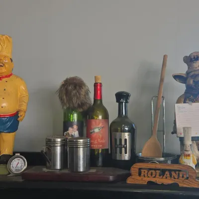 Sale Photo Thumbnail #246: Vintage chef kitchen decor collection with shift bottle