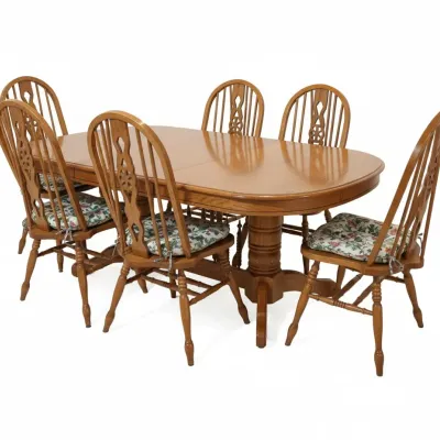 Sale Photo Thumbnail #466: Oak pedestal dining set with hutch and windsor chairs
