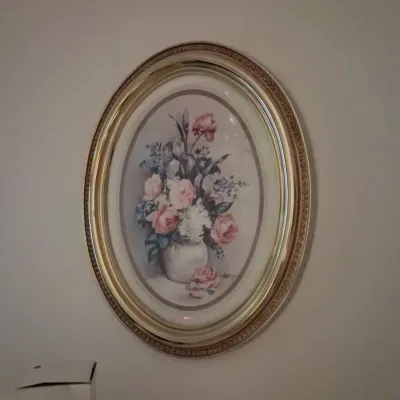 Sale Photo Thumbnail #249: Vintage floral still life print in ornate gold oval frame