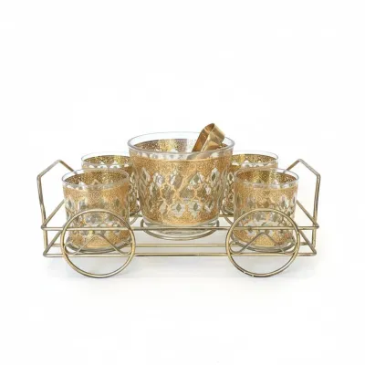 Sale Photo Thumbnail #418: Vintage culver valencia k gold barware set with cart
